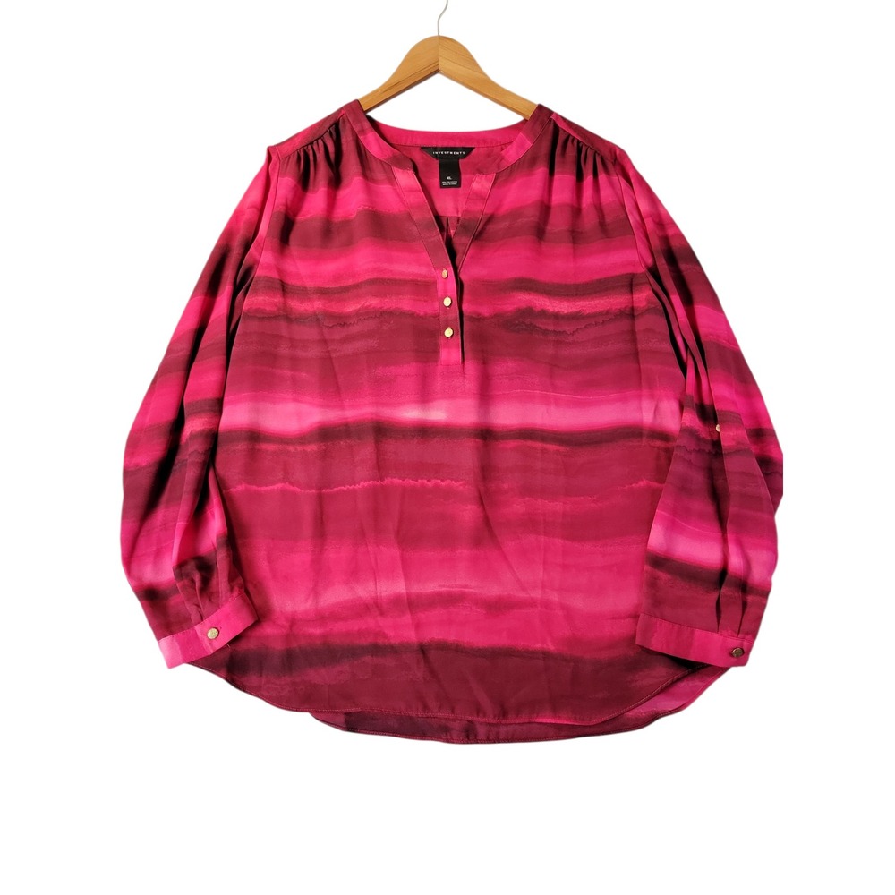 Investments XL Pink Ombre Stripe Blouse Gold Button Long Sleeve Pullover Top